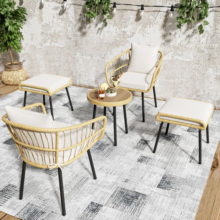 Set di mobili - Set da salotto da giardino - 4 posti - Corda grigia - 1 divano - 2 poltrone - 2 tavolini in vetro impilabili - grigio