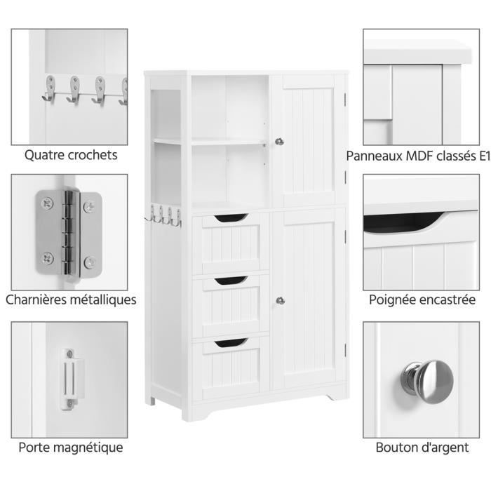 Yaheetech Armoire Rangement Salle de Bain, 3 Tiroirs 2 Casiers 4 Crochets 2 Placards, Étagère Réglable en Hauteur, 60 × 30 × 107 cm