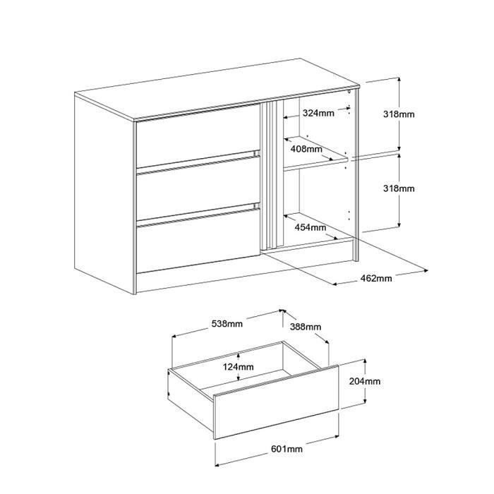 ESCALE Chest of Drawers - 3 Drawers - 1 Door - Oak Finish - W 109.8 x H 76.8 x D 50 cm