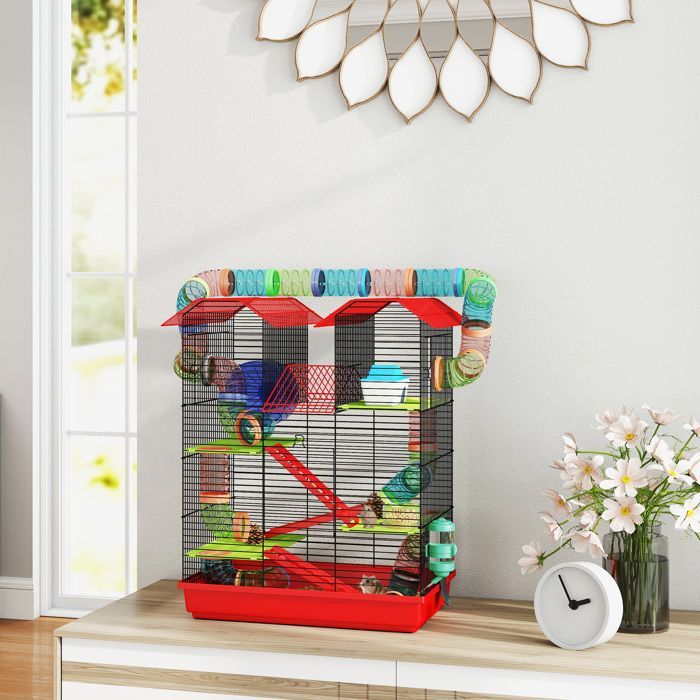 Gabbia per criceti - PawHut - con tunnel, mangiatoia, ruota e giocattolo - per topi e piccoli roditori - 47 x 30 x 59 cm - rossa