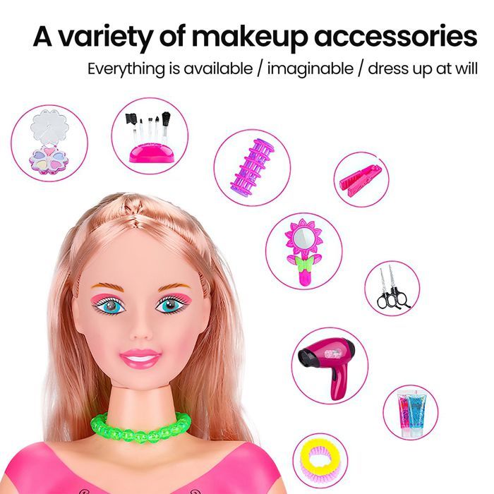 Testa per acconciature e trucco per bambine, testa di bambola con strumenti per lo styling, testa per acconciature per bambole principesse, giocattolo per bambine dai 3 anni in su