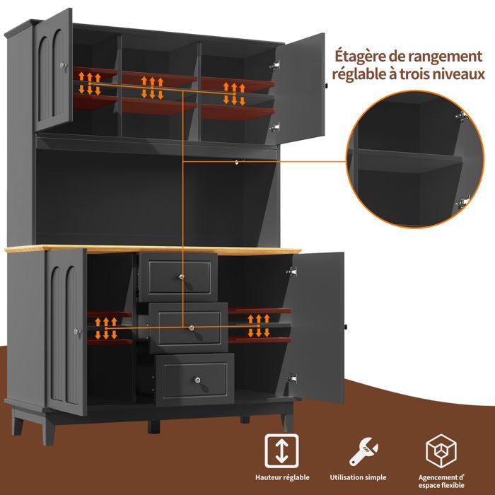 Buffet de cuisine moderne - MODERNLUXE - 120x45x180 cm - 4 portes - 3 tiroirs - 10 étagères - Éclairage LED - Noir