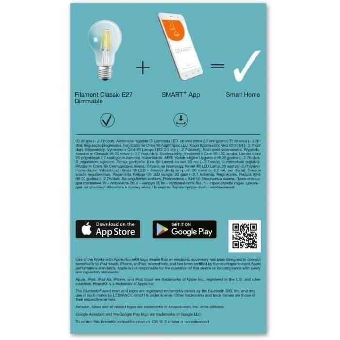 Lâmpada LEDVANCE Smart+ Bluetooth Standard com fio, 60W, E27, dimerizável