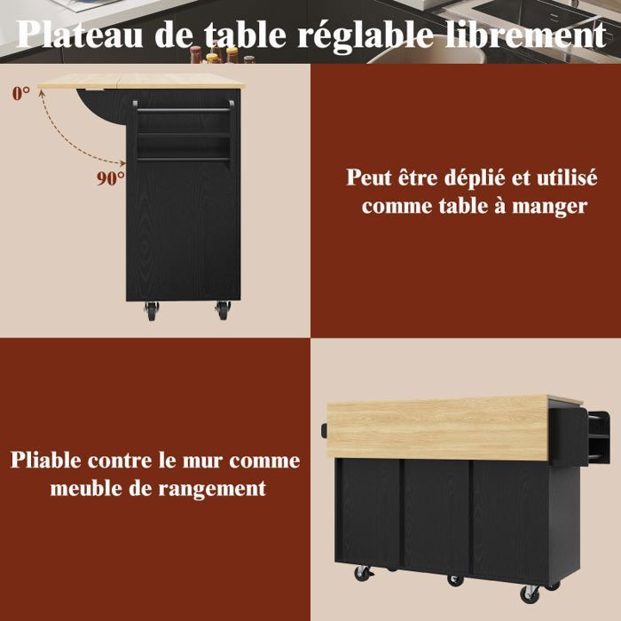 Îlot de Cuisine Mobile avec Plateau Extensible - 2 Niveaux de Rangement - Plateaux Réglables Hauteur - Roulettes Freinées 360°