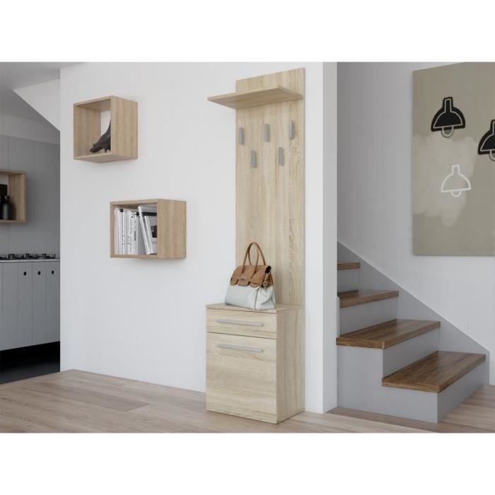 VIONI - Entryway coat rack - Wall-mounted coat rack with shelf - 5 hooks - Drawer + storage unit