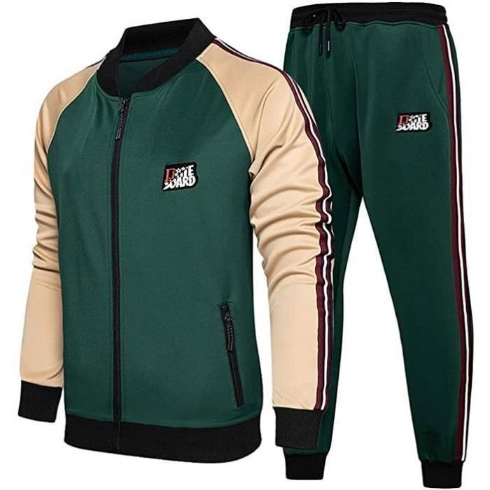 Completo sportivo casual da uomo: felpa con zip e pantaloni da jogging a maniche lunghe a quadri con tasche - Verde