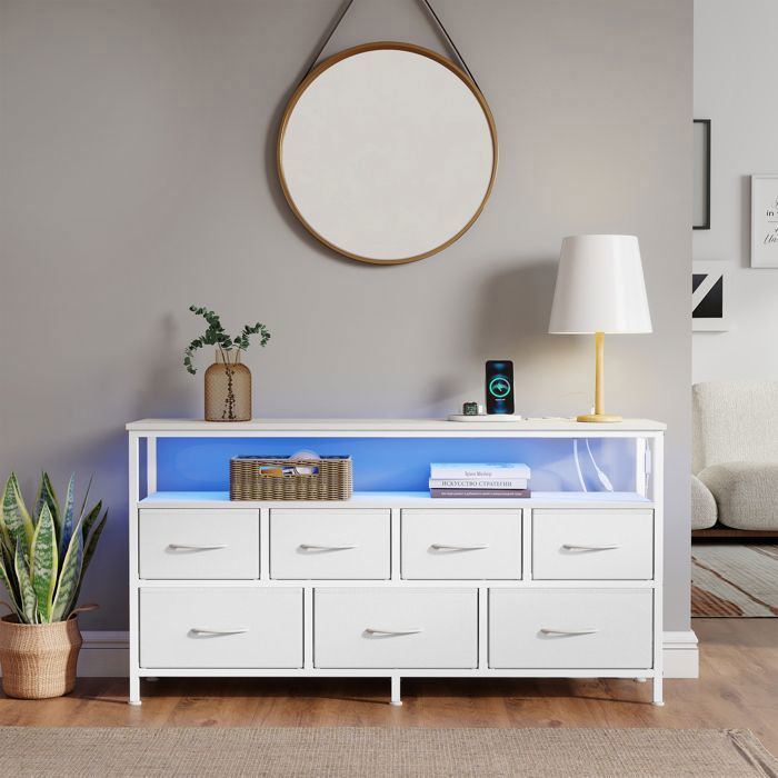 Cómoda con iluminación LED regulable y regleta, 7 cajones de tela, estilo moderno, dormitorio, blanca