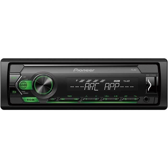 Autorradio Pioneer MVH-S120UBG con iluminación verde, 4 x 50 W y panel extraíble.