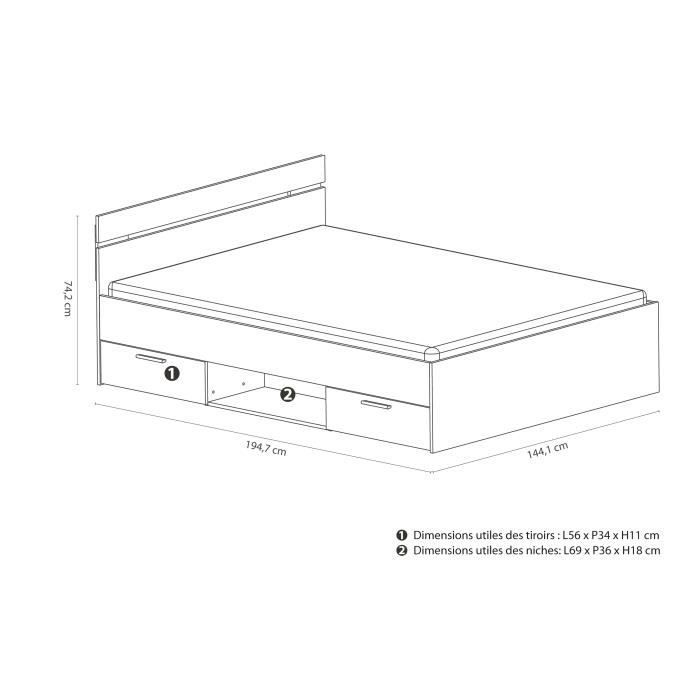 Cama para adultos Demeyere Michigan - 140 x 190 cm - Múltiples compartimentos de almacenamiento - Blanca