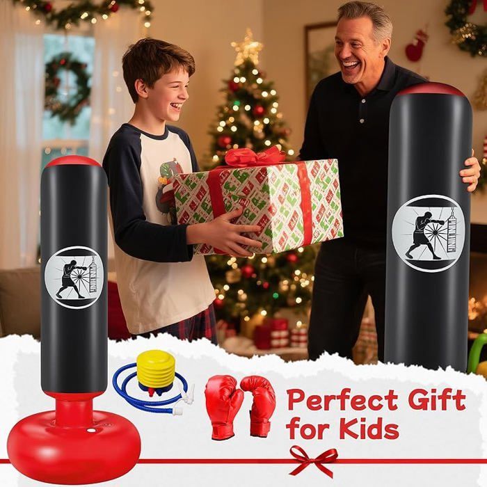 Saco de boxeo inflable independiente para niños de 160 cm con bomba de aire y guantes de boxeo, color negro. Set de regalo.
