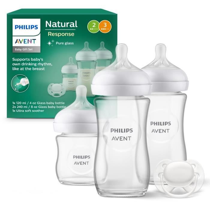 Pasgeborenenset - PHILIPS AVENT - Natuurlijk glas 3.0 - Glazen fles van 120 ml + 2 flessen van 240 ml + Ultrazachte fopspenen 0-6 maanden