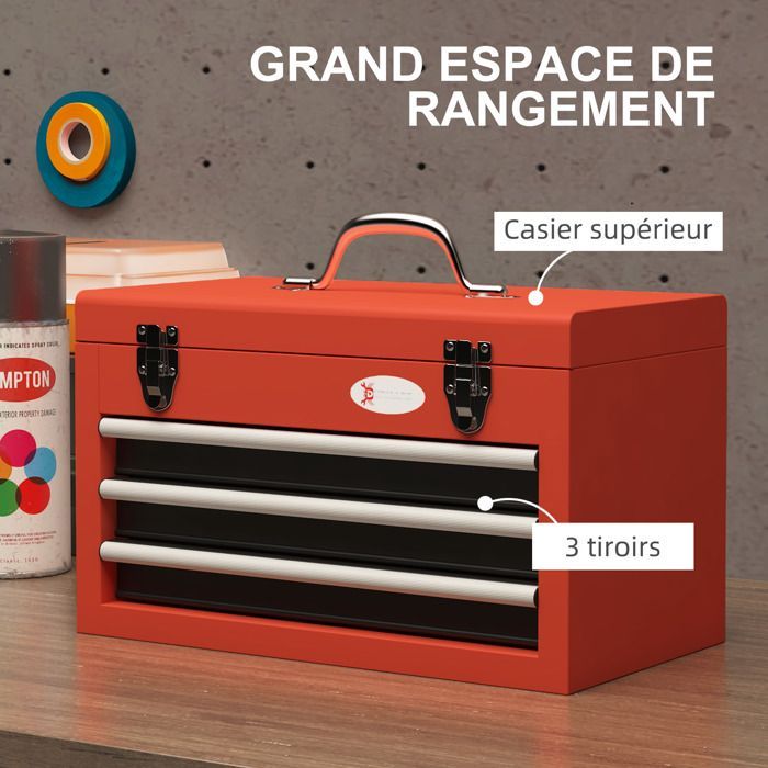 Caja de herramientas - DURHAND - acero, 3 cajones deslizantes, 1 bandeja, asa con cerradura, alfombrilla - acero - 45x24x27cm - rojo