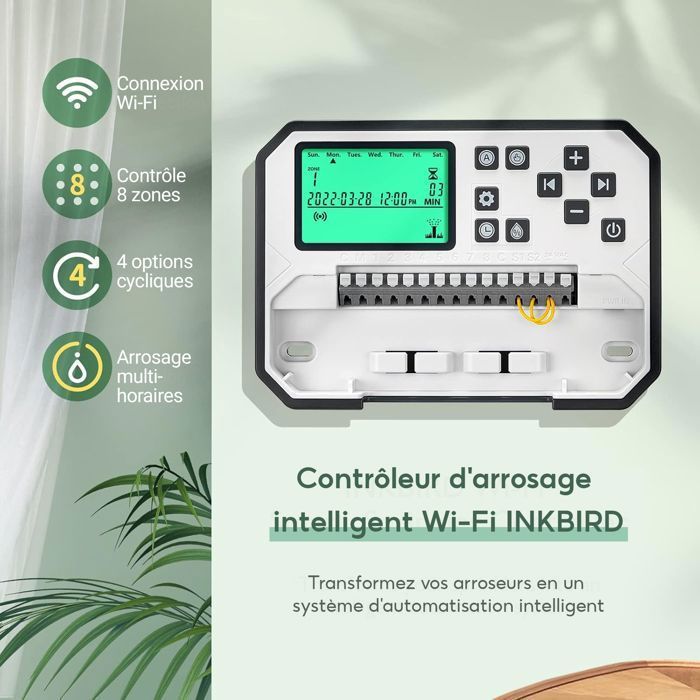 Programmateur d'arrosage Wi-Fi,INKBIRD IIC-800-WIFI,8 Voies, Automatique,Contrôle App,4 Options cycliques d'arrosage,Écran LCD