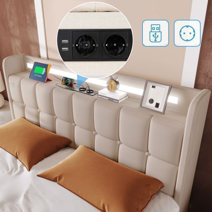 EIFSON 180 x 200 cm Lit double avec sommier à lattes- avec éclairage LED et port USB - 4 tiroirs - Lin - Beige