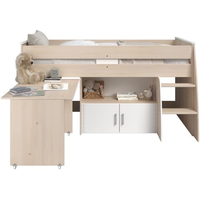 Cama infantil combinada Parisot ZOLA de 90x200 cm - 2 puertas - Con escritorio - Acabado en madera de acacia clara y blanco