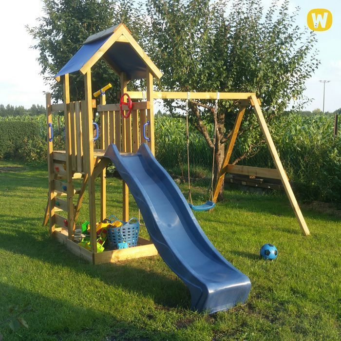 Torre de juegos de madera WICKEY MultiFlyer con columpio, tobogán antracita de 220 cm y arenero integrado – 10 años de garantía*