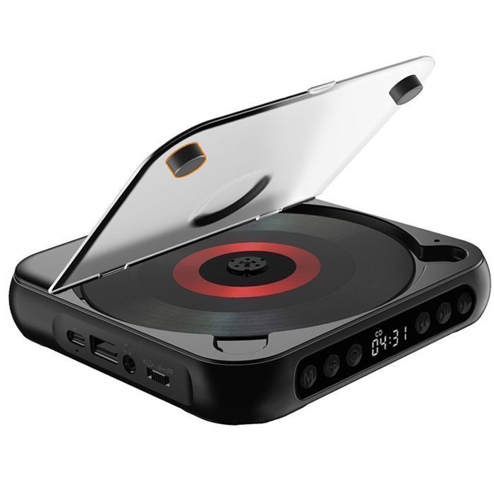 Reproductor de CD - Bluetooth, batería de 2000 mAh - Ultradelgado y ligero - HiFi compatible con CD y puerto USB AUX de 3,5 mm - Ideal para deportes - Negro