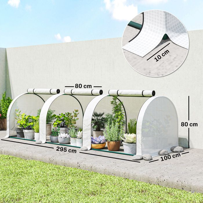 Mini invernadero tipo túnel - Outsunny - 3 x 1 x 0,8 m - Acero PE de alta densidad 140 g/m² - 3 puertas enrollables - Blanco