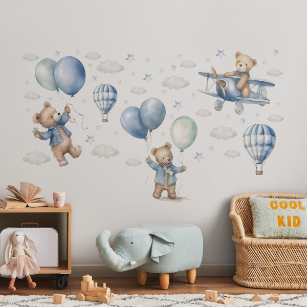 Naklejki Na Ścianę Akwarelowe Misie i Balony ZESTAW