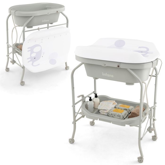 Cambiador para bebés COSTWAY 4 en 1 con bañera plegable de 20 L - 4 ruedas, manguera de 1 m, bandeja de almacenamiento, cojín de PVC impermeable - Gris claro