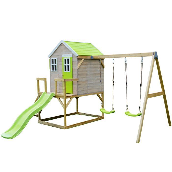KANGUI Maison de jardin enfant extérieurs avec plateforme, toboggan et double balançoire - Toit étanche - Vert et Blanc