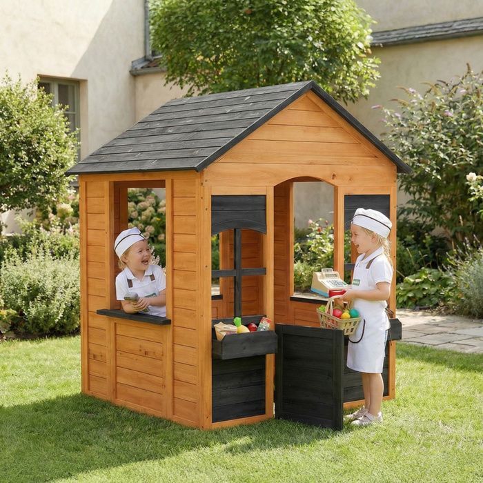 Casita de juegos de madera para exteriores, para niños, con media puerta, ventanas y jardineras, para edades de 3 a 8 años, color marrón claro.