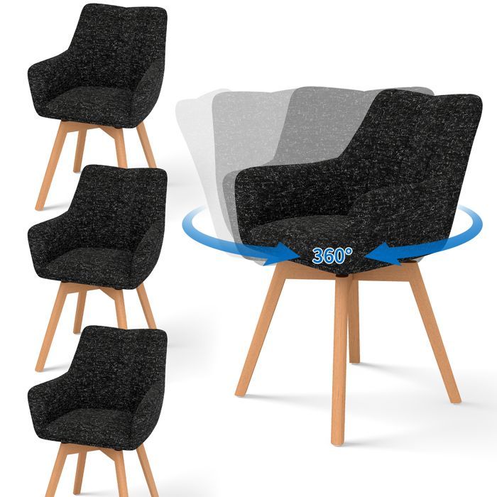 WAFTING Juego de 4 sillas de comedor giratorias 360°, con reposabrazos y patas de madera, respaldo alto y cojín de felpa. Color negro.