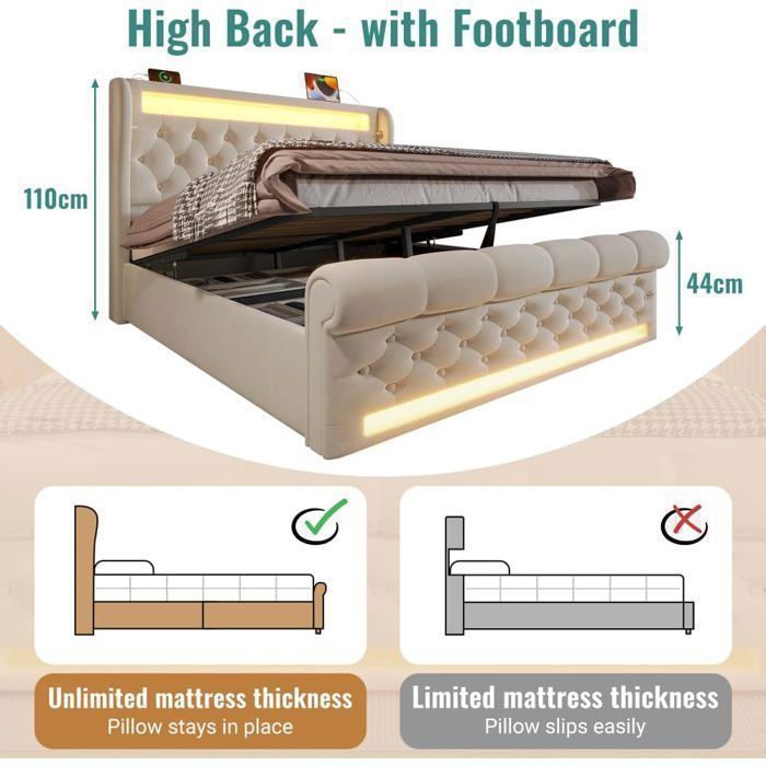 Cama doble tapizada Lemonbest con iluminación LED, 160 x 200 cm, cama con almacenamiento, sistema hidráulico y puertos USB y tipo C, terciopelo + beige.