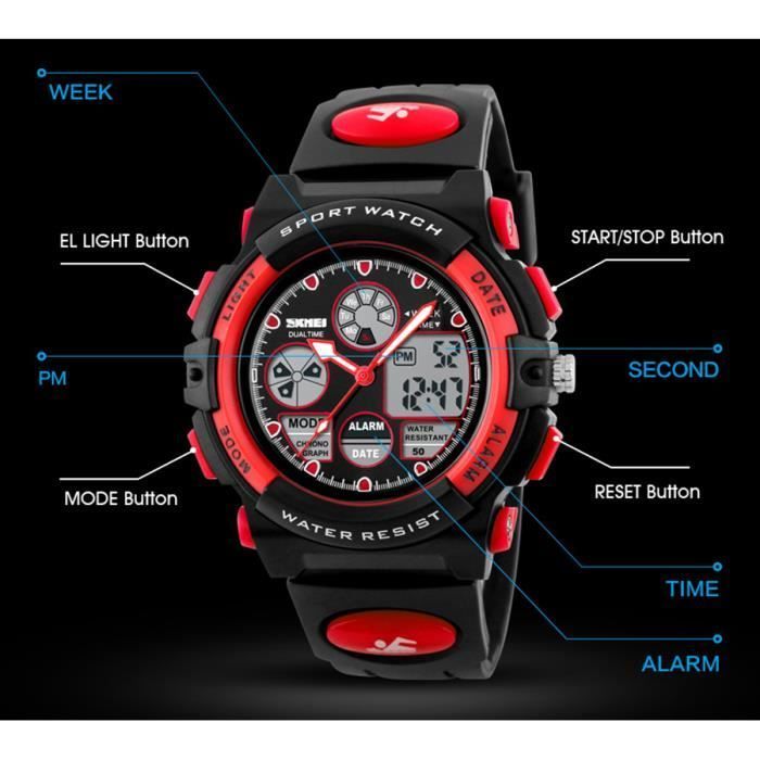 Orologio sportivo per ragazzi e ragazze, impermeabile, con cinturino digitale - Nero e rosso