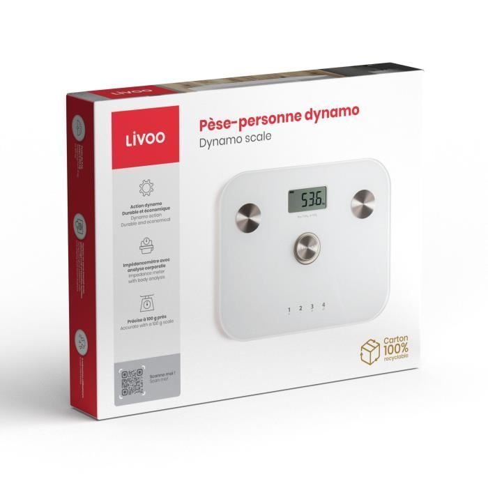 Dynamo-lichaamsanalyseweegschaal - LIVOO - DOM465W - Batterijloos - 6 indicatoren - Max. 150 kg - 4 profielen - LCD - Wit