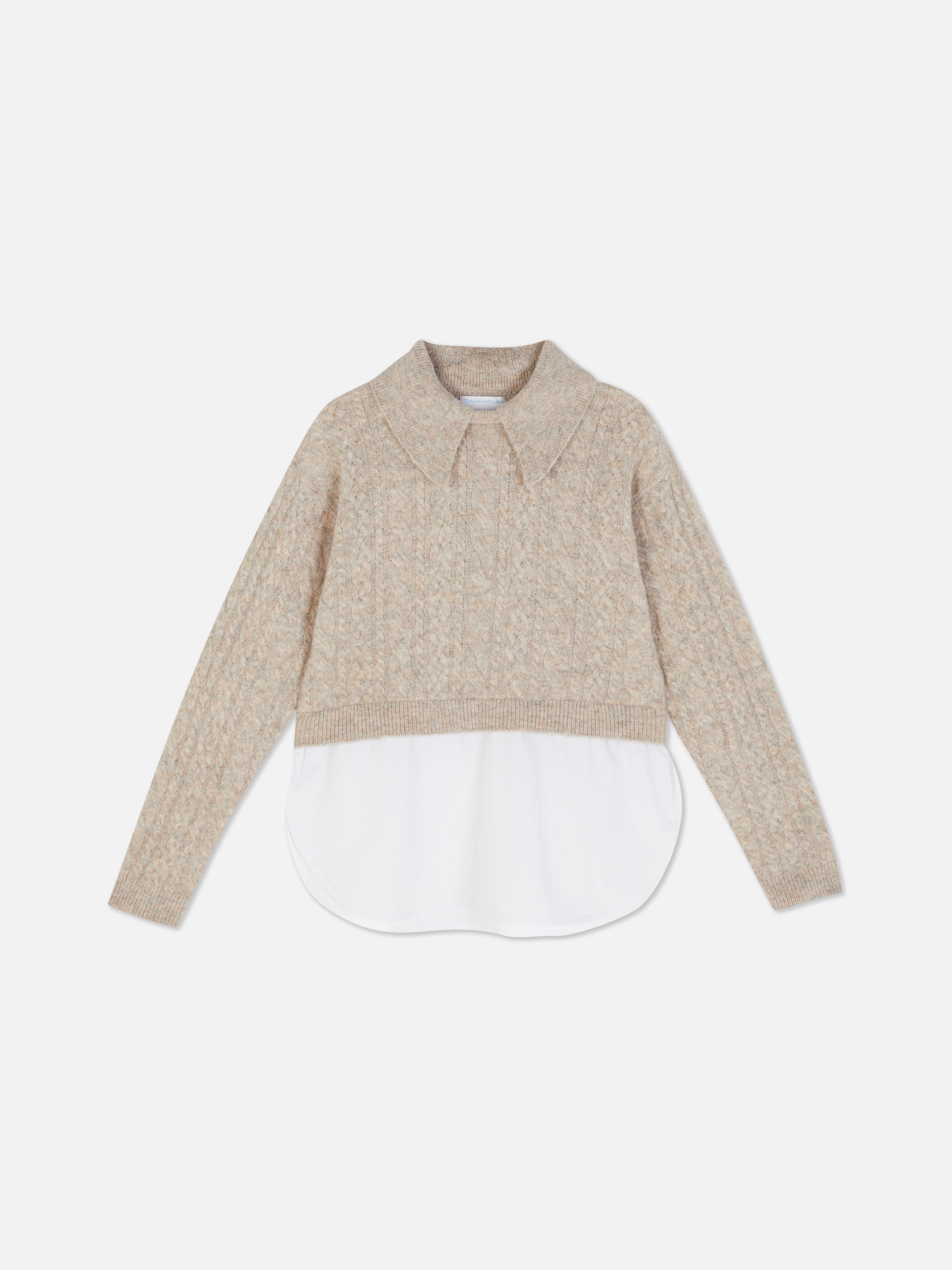 Cable knit sweater with shirt 2-in-1 A cable knit shirt sweater with a collar and ribbed cuffs