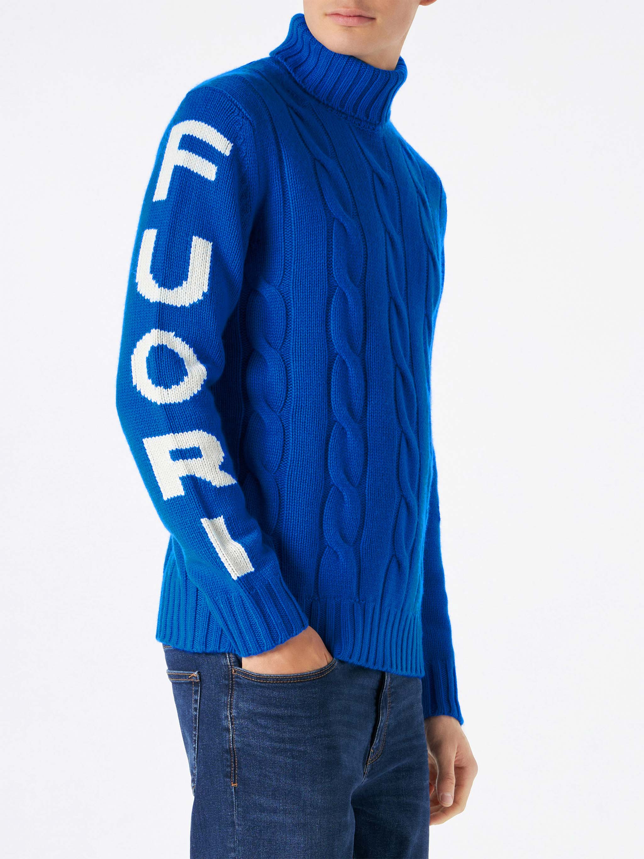 Jersey de punto trenzado de cuello alto jacquard para hombre, estilo off-piste