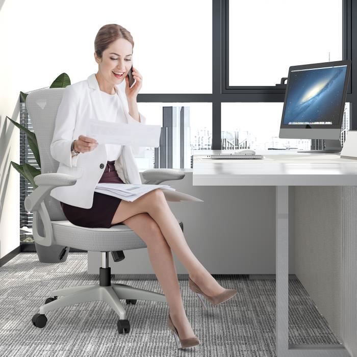 Chaise de Bureau - Rattantree Ergonomique Siège - Fauteuil avec accoudoir rabattable à 90° - Support lombaire - Réglable en hauteur
