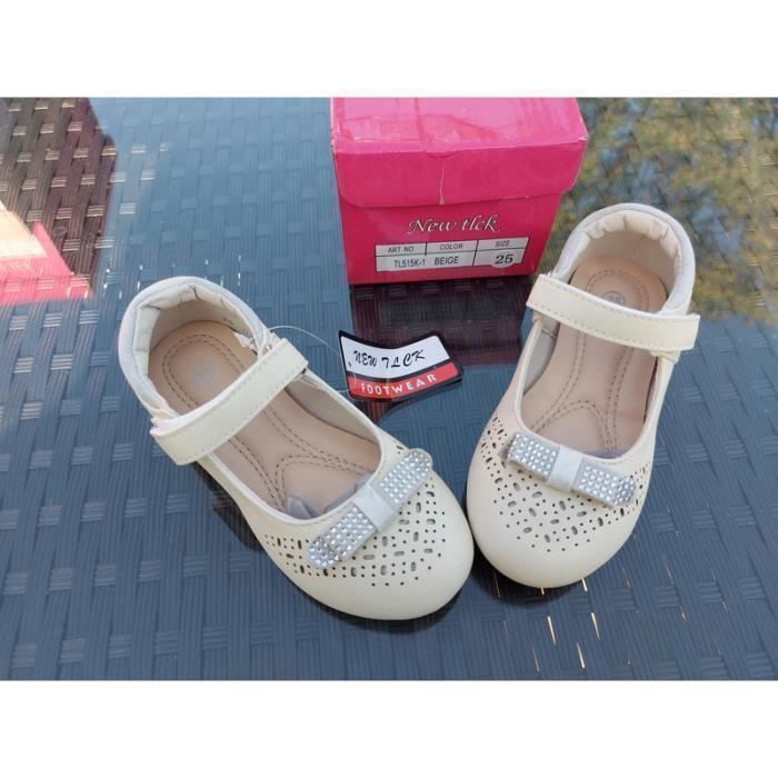 Chaussures Enfant Fille  - Ballerines - Cuir - Beige - Noeud - Strass - Pointure 25 à 30