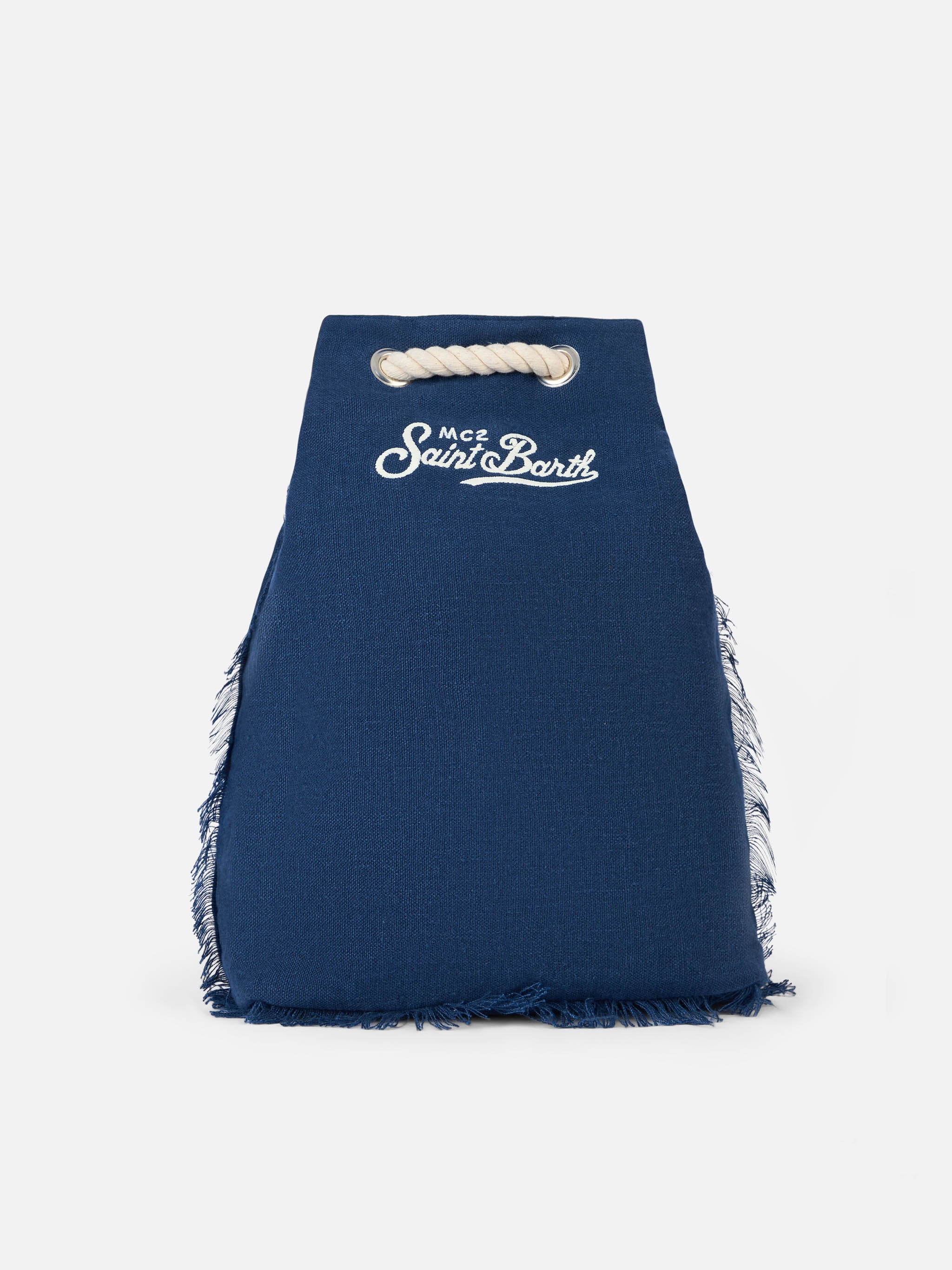 Blauwe linnen bootrugzak | Hoogwaardig linnen | Rustieke elegantie met houten koorden en leren details | Geborduurd logo | MC2 Saint Barth