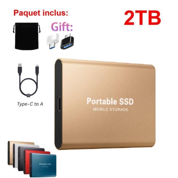 Tragbare externe 2-TB-SSD-Festplatte (Gold) mit OTG-USB-Typ-C-Adapter und Stoffbeutel