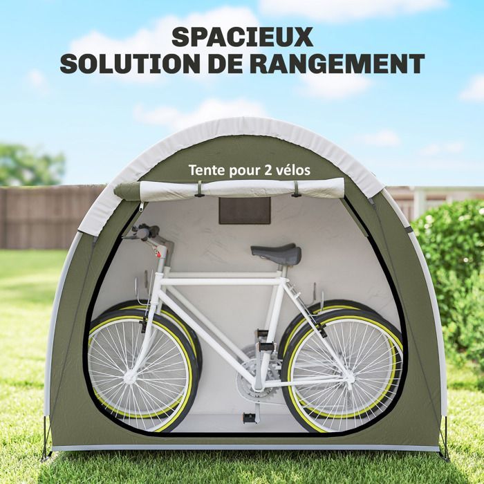 Tente à Vélo - Outsunny - pour 2 Vélos - Imperméable - avec poche, sac transport - Tissu Oxford 210D - 200 x 80 x 170 cm - vert