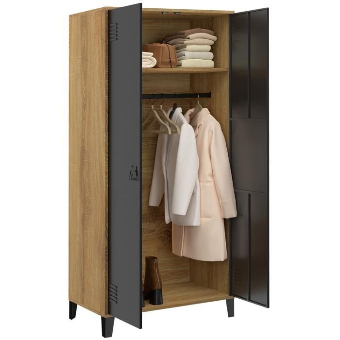 IDMARKET ESTER 2-door wardrobe/locker, black metal with wood trim, industrial design