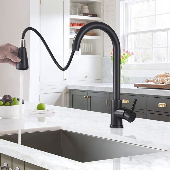 Grifo de cocina negro, con cabezal rociador extraíble y caño giratorio de 360°. Control único para agua fría y caliente.