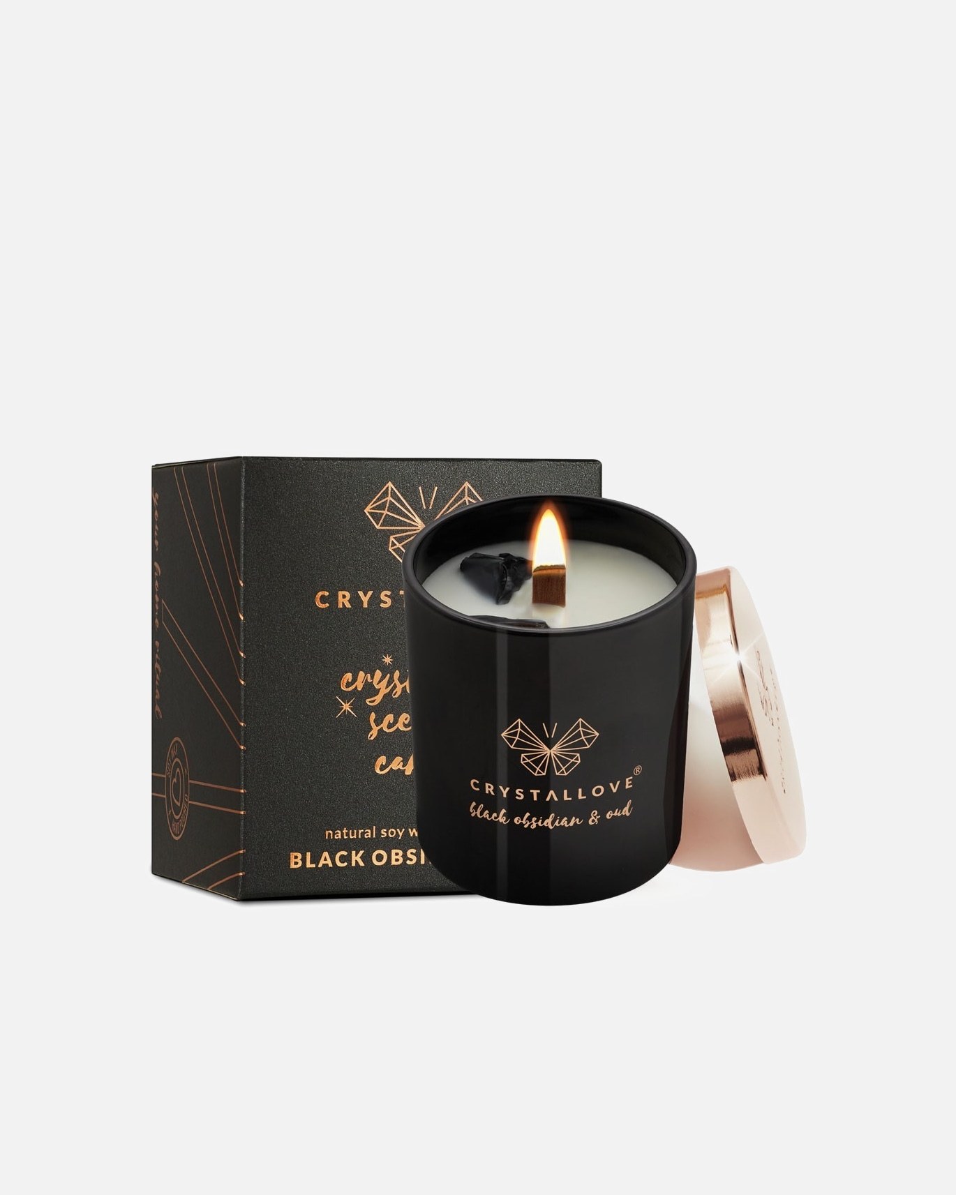 Sveča Crystallove, črni obsidian, sojin vosek in oud – 1 kos
