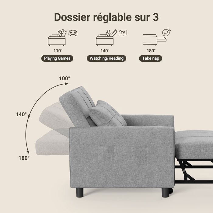 Verwandlungssessel – Bealife – Schlafsessel – 1-Sitzer-Sofa – Chaiselongue – Kissen – Verstellbar – Stauraum – Rollen – Klappbar
