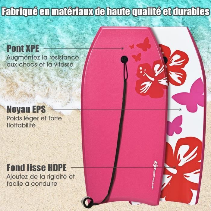 GYMAX Robust surfbräda tillverkad av XPE och HDPE, 106×51×6 cm, 85 kg lastkapacitet, med 90 cm rem, utsökt blommönsterdesign, rosa