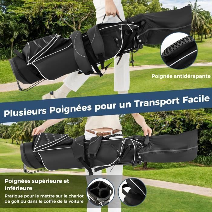 Bolsa de golf portátil con trípode COSTWAY - Sistema de 4 compartimentos - 4 bolsillos con cremallera - Bolsa isotérmica - Correa doble para el hombro - Funda impermeable - Negra