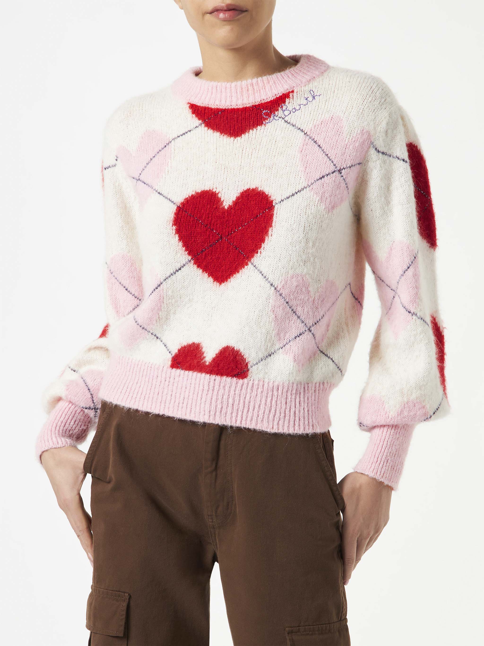 Damestrui van geborsteld leer met argyle jacquard en hartjes.
