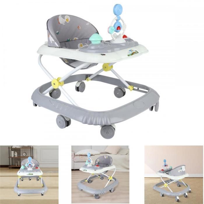 Andador dobrável para bebês com rodas universais e altura ajustável, altura ajustável, andador para bebês meninos e meninas, cinza