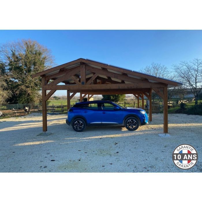 Carport Bois Douglas Français 40 m² – 2 pentes faitage décalé – 8 poteaux – Abri voiture extérieur – Garantie 10 ans