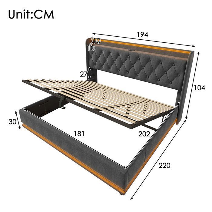 Lit coffre capitonné 180x200 cm en lin - avec Fonction de recharge USB Type-C et LED - Coffre de rangement - Sommier à lattes -