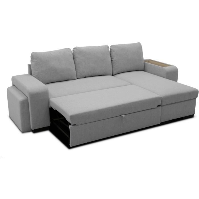 Canapé d'angle convertible réversible VALDO 3 à 4 places - Tissu Souris - Tablette avec USB - Coffre + Pouf - L247xP143xH86 cm