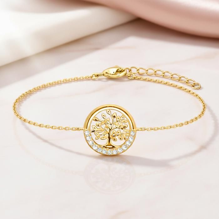 Bracelet ARBRE DE VIE Femme Plaqué Or 18 Carats & Zirconiums – Longueur Réglable 16,5-19,5cm – Bijou Poinçonné Cadeau Porte-Bonheur