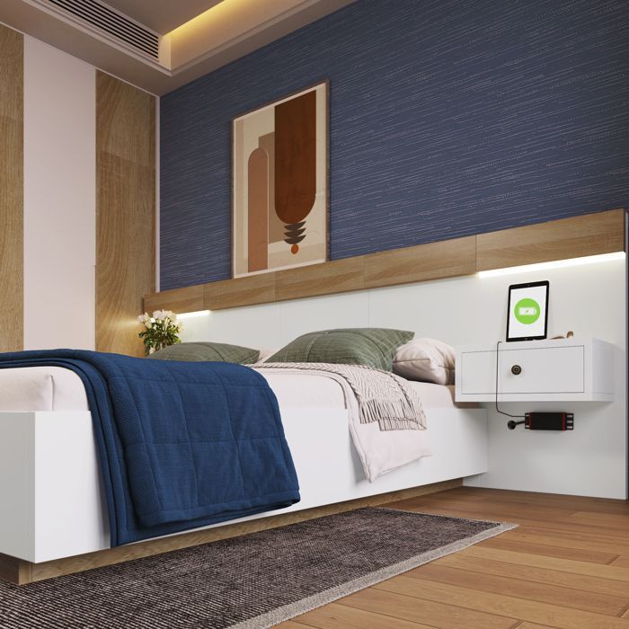 ModernLuxe Doppelbett für Erwachsene, 140 x 200 cm, mit schwebenden Nachttischen, LED-Beleuchtung und USB-Anschlüssen, Holzrahmen, Lattenrost, Eiche +